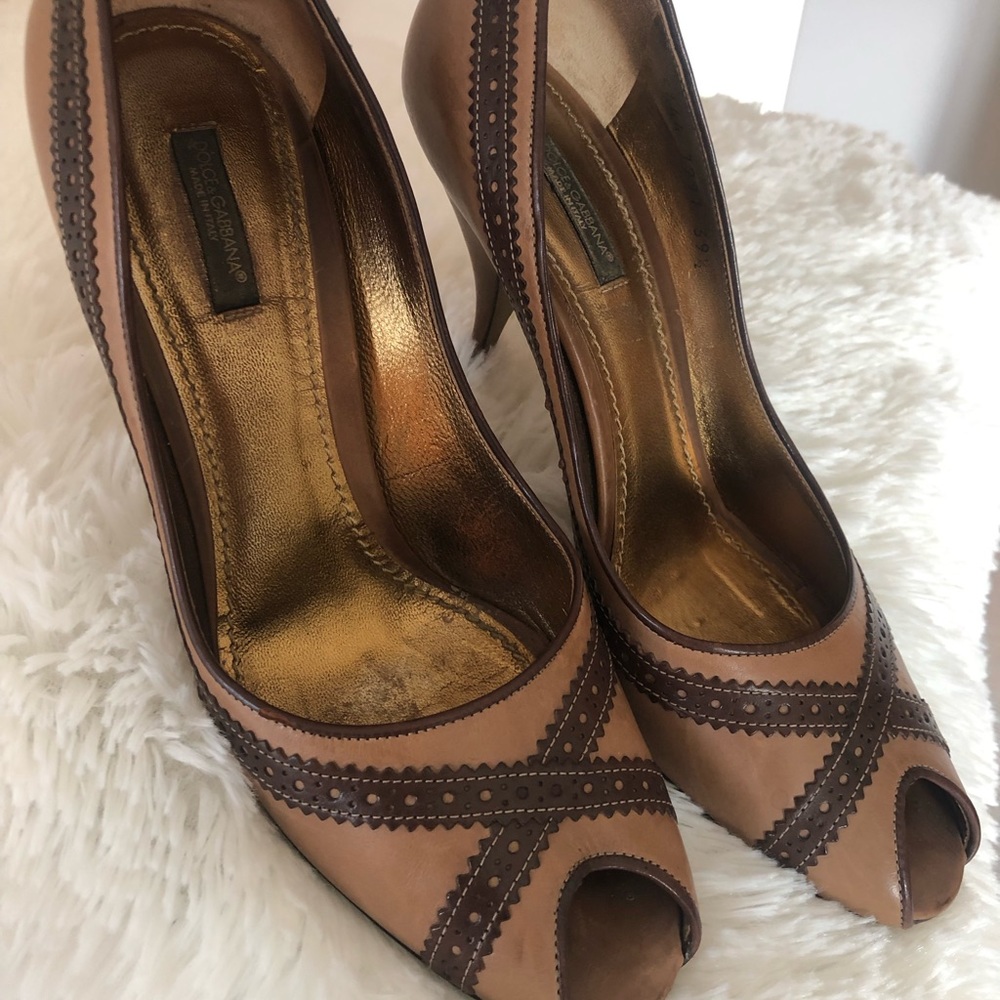 Dolce Gabbana Peep-Toed Heels Tan & Brown Size 39 1/2